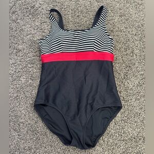 Lands' End Swimsuit One Piece Sz 8 Black White Red Striped Ribbed Built In Bra